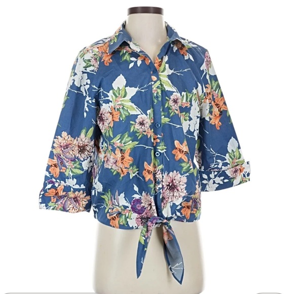 Chico's Tops - Chico's No-Iron 100% cotton blue floral print tie-front 3/4 sleeve blouse 1x/2x